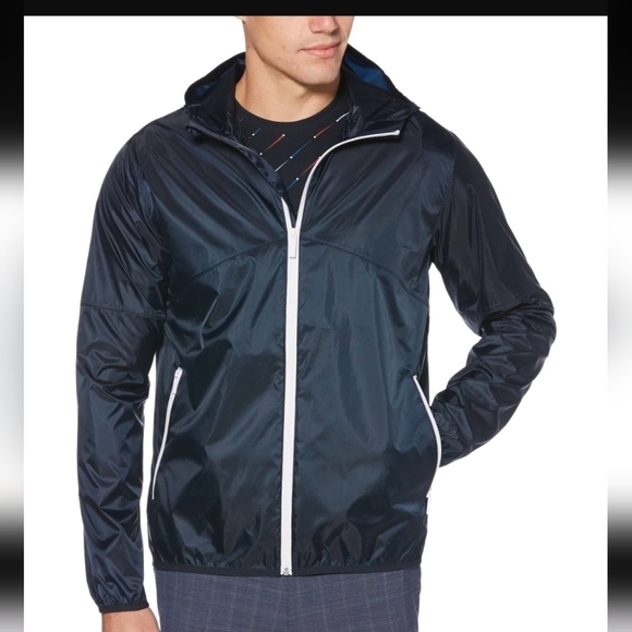 Perry Ellis Mens Hooded Bomber Jacket, Blue, Large  Bomber Jacket - Picture 1 of 12